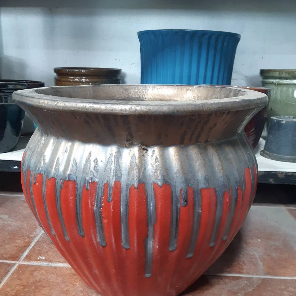 Silver red tone ceramic planter