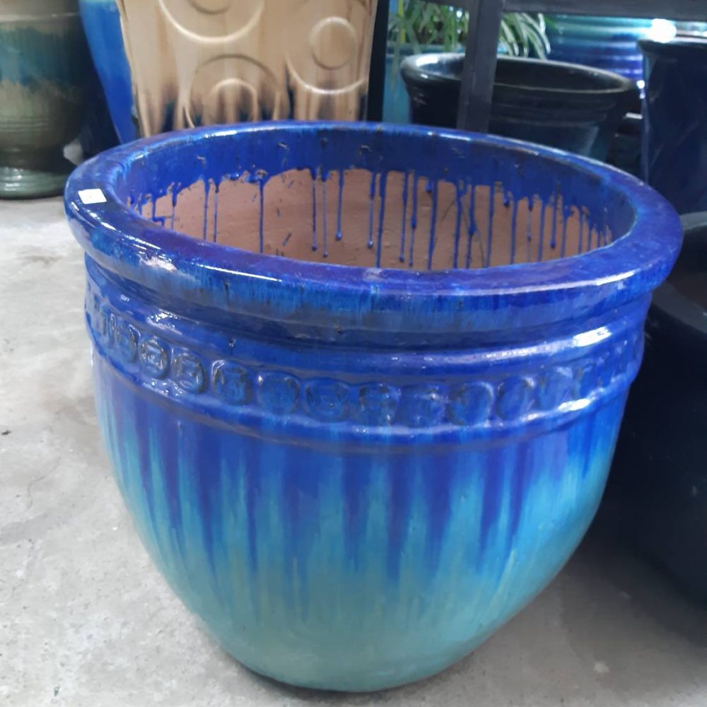 Ceramic flower planter in blue and blue tones, patterned